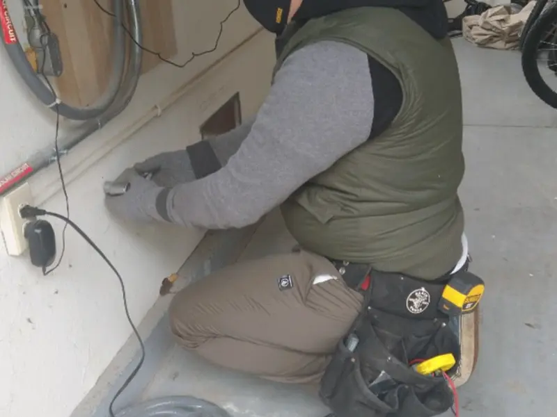 Electrician performing outlet wiring in a Rochester garage